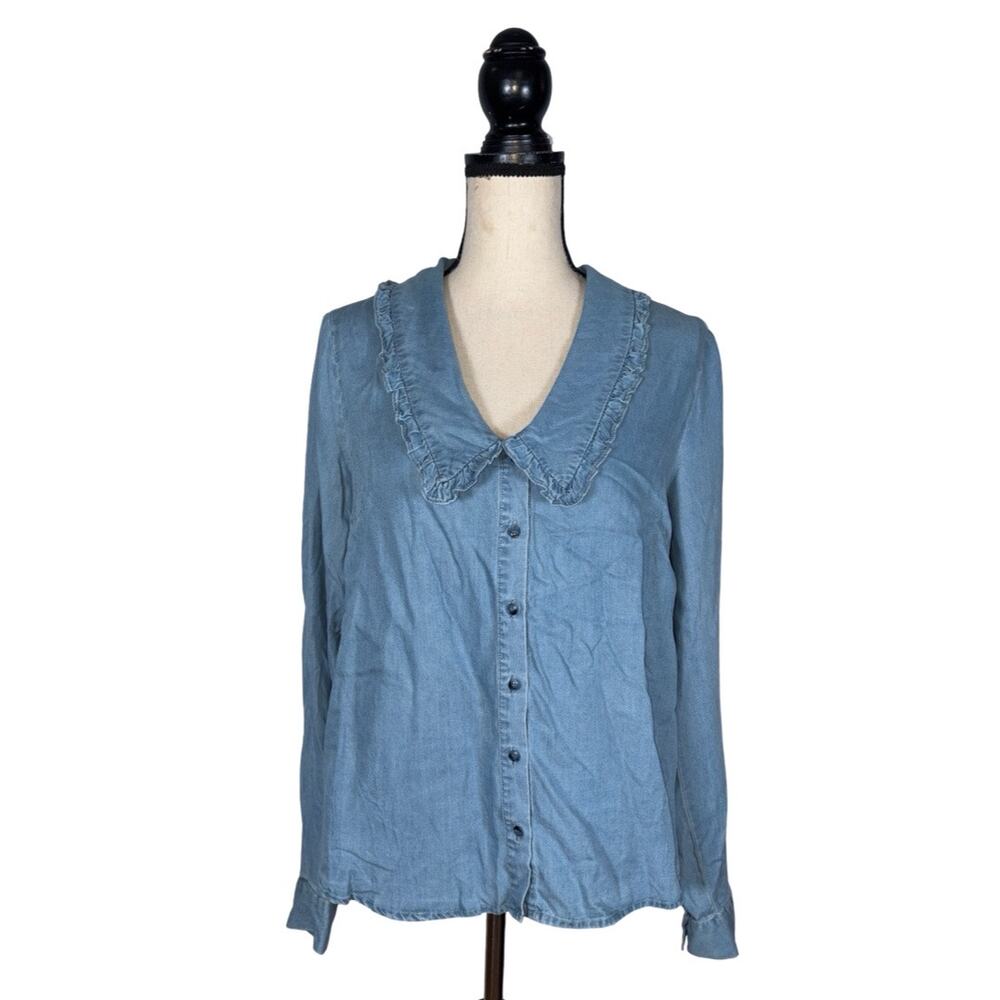 Walter Baker Blue Chambray Ruffle Button-Down Shirt     Size: M